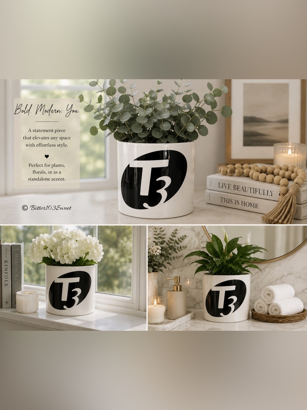 Modern T3 Ceramic Planter | Contemporary White Decorative Plant Pot